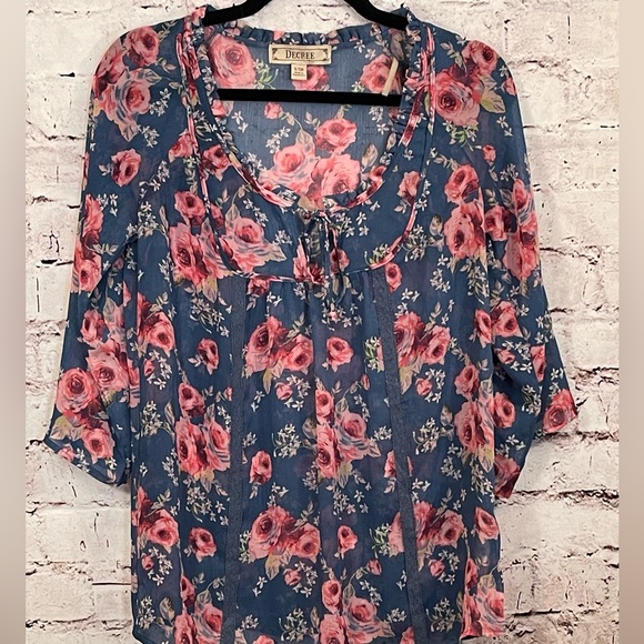 DECREE S/CH Floral Sheer Blouse Tie neck 3/4 Sleeve Flowy (D-16) - Picture 1 of 5